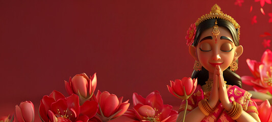 Wall Mural - Indian young woman in prayer with lotus flowers in traditional attire