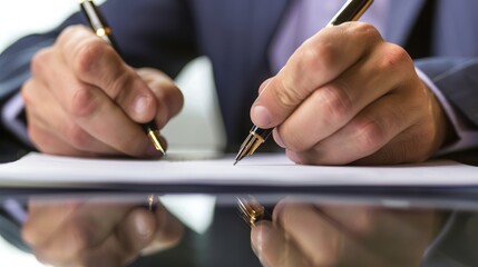 businessman holding two golden fountain pens is signing a contract on glass desk