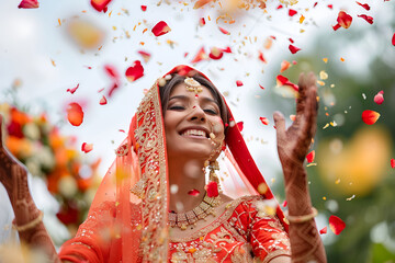 Canvas Print - Radiant Indian bride in red, smiling under a cascade of rose petals