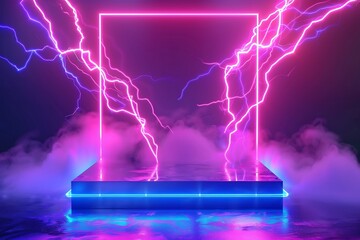 Abstract scene with neon lights and square podium. Futuristic background for product presentation.