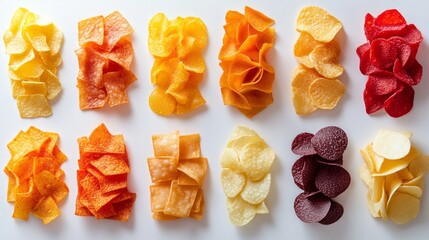 Wall Mural - A row of potato chips with different colors and flavors