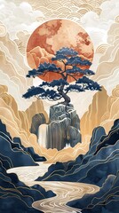 Wall Mural - Big tree in the forest landscape illustration poster background