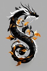 Canvas Print - Black and White Dragon with Golden Leaves