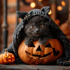 Canvas Print - Halloween Cat in Pumpkin