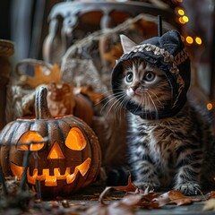 Canvas Print - Cute Kitten Dressed Up for Halloween with a Pumpkin