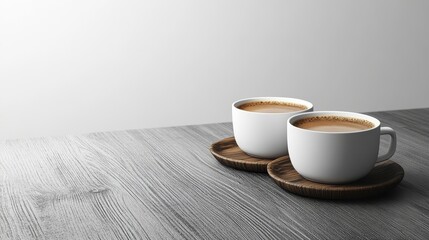 Two white coffee cups on a wooden table