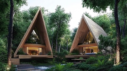 Two modern a-frame cabins nestled in a tranquil forest setting