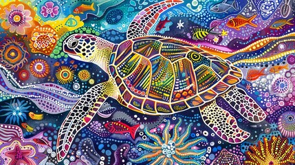 ancient aboriginal style dream-time art of turtles and sea star