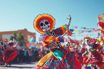 Wall Mural - Vibrant Street Parade for Day of the Dead with Skeleton Costumes  