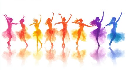 Colorful silhouettes of dancers in graceful poses, representing the beauty and elegance of dance movements against a bright background.