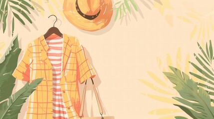 Wall Mural - Summer Style Tropical Leaves, Hat, and Plaid Shirt.