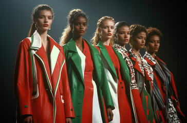 Canvas Print - a runway of models wearing long coats in the colors red, white and green with bold color stripes on them