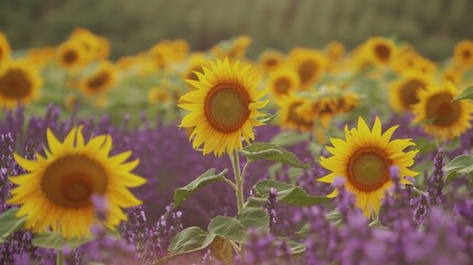 Canvas Print - Vibrant yellow sunflowers bloom amidst a field of purple lavender flowers.