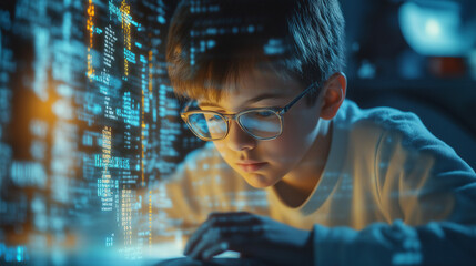 western school pupil studying it at computer learning digital code online software ai cyber security