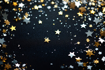 Wall Mural - golden and silver confetti stars are creating a festive glitter on black background