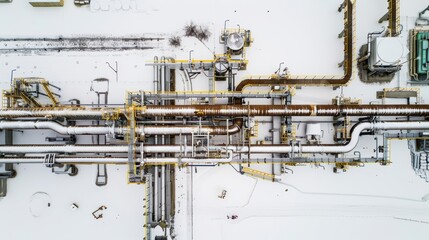 Complex network of pipes distributing natural gas in winter conditions