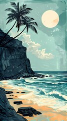 Wall Mural - Retro beach palm trees scene illustration poster background