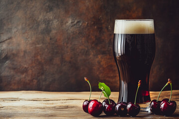 Wall Mural - Cherry beer in a beer glass with cherries, kriek, copyspace