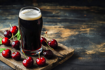 Wall Mural - Cherry beer in a beer glass with cherries lying nearby, kriek, copyspace