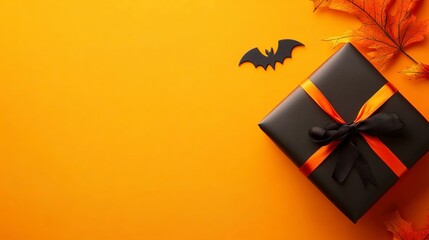 Canvas Print - Halloween greetings card copy space of halloween element n gift box isolated on yellow orange background 