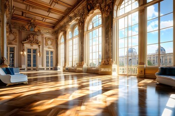 Sticker - Sunlit Interior of a Grand Room with a City View.