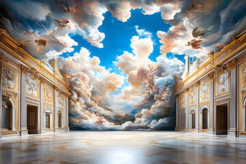 Canvas Print - Baroque Ceiling with Cloudy Sky Fresco.