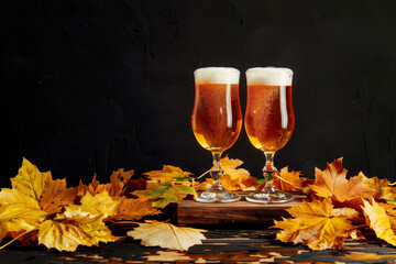 Wall Mural - Two glasses of beer on an oak table surrounded by autumn leaves, copyspace