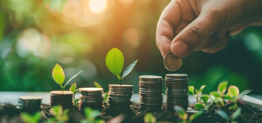 Wall Mural - Investing in Growth: Hand Placing Coin on Stack of Coins With Growing Plant