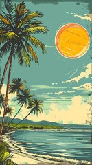 Wall Mural - Retro beach palm trees scene illustration poster background