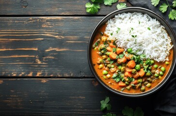 Sticker - Delicious Indian Curry with Rice on a Rustic Wooden Table