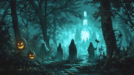 Creepy halloween background, ghosts and witches in spooky forest