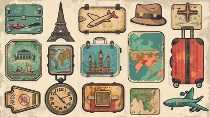 Wall Mural - Vintage travel icons with luggage, maps, plane, clock and Eiffel Tower.