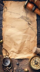 Wall Mural - Vintage Treasure Map with Compass and Telescope.