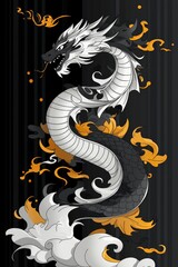 Canvas Print - Black and White Dragon with Gold Accents