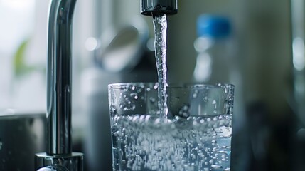 Water pouring into a glass from a faucet.