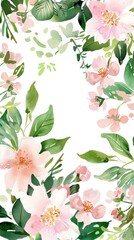 Canvas Print - Watercolor Floral Border with Pink Flowers and Green Leaves.