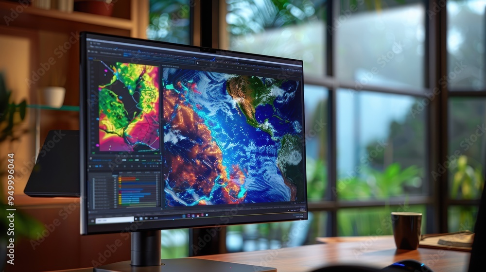 Modern computer showing weather forecast and climate change data on ...