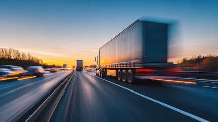 Truck driving on highway with digital background showcasing modern logistics and transportation, vehicle on road, digital transportation