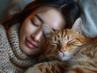 Wall Mural - Young woman wears warm sweater resting with tabby cat on sofa