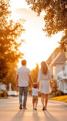 Poster - A family enjoying a peaceful evening walk in a quiet neighborhood, with the parents holding hands and children playing nearby, capturing the simplicity of daily connection