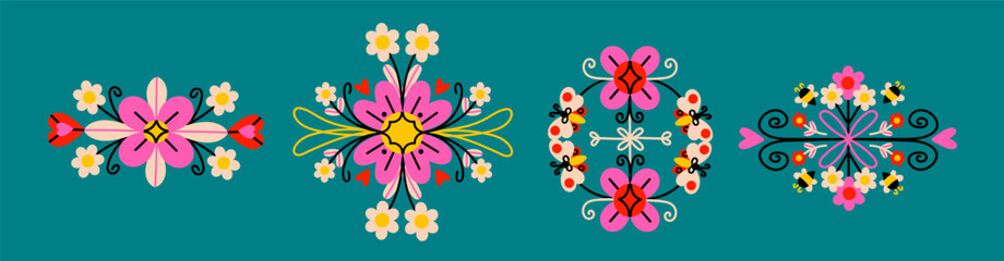Wall Mural - different flowers, branches, blossom, wreath. various floral ornaments, patterns. isolated design el