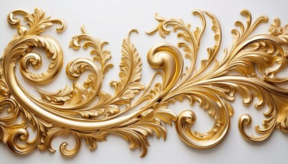 Wall Mural - Rich gold baroque ornament delicately embossed onto a pristine white background. The intricate details and lavish curves exude opulence and sophistication.