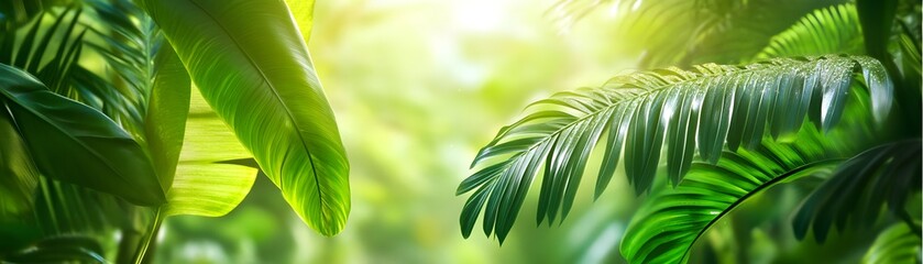 Poster - Lush Green Tropical Leaves with Sunbeams.