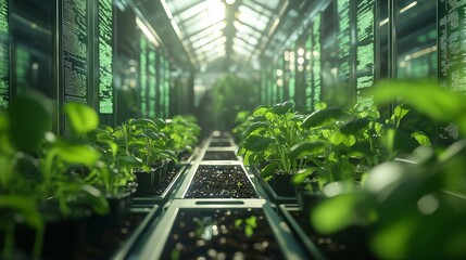 Wall Mural - Green Plants Growing in a Greenhouse with Code on the Walls