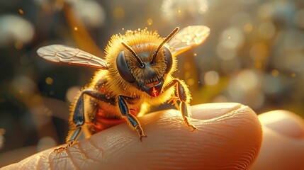 Wall Mural - Close-up of a Bee on a Finger in Sunlight