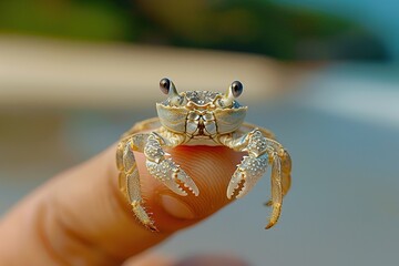 Wall Mural - Close-up of a Tiny Crab on a Fingertip