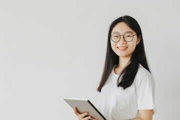 A woman wearing glasses and a white shirt is holding a tablet. She is smiling and she is happy