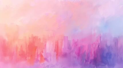 Wall Mural - City Skyline at Sunset, a watercolor artwork featuring a dreamy skyline with soft brush strokes, infused with romantic pastel hues that evoke a serene atmosphere.