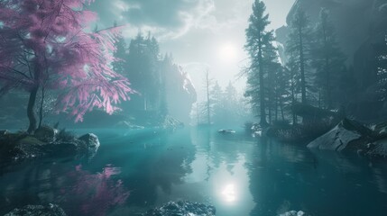 Sticker - Mystical forest lake with pink tree.