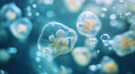 Wall Mural - Macro photography of clear water with beautiful, glowing jellyfish eggs